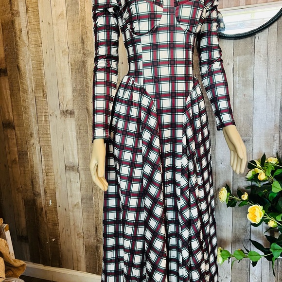 Elegant Plaid A-line Dress for Women Square Neck Backless Long Sleeves Slim Dres - Picture 6 of 15